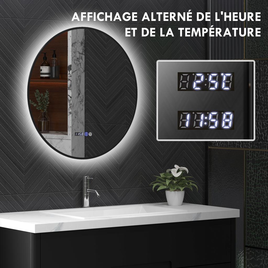 Round Bathroom Mirror With LED Lighting Dimmable Anti Fog Function Touch Switch Black