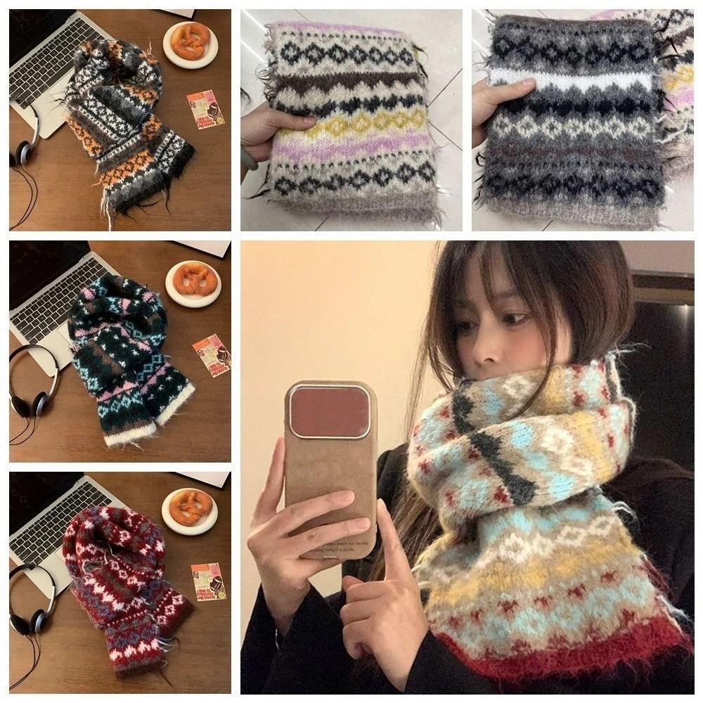 Wool Jacquard Knitted Scarf Printed Winter Wool Neckerchief Sweet Fair Isle Style Scarf  Autumn