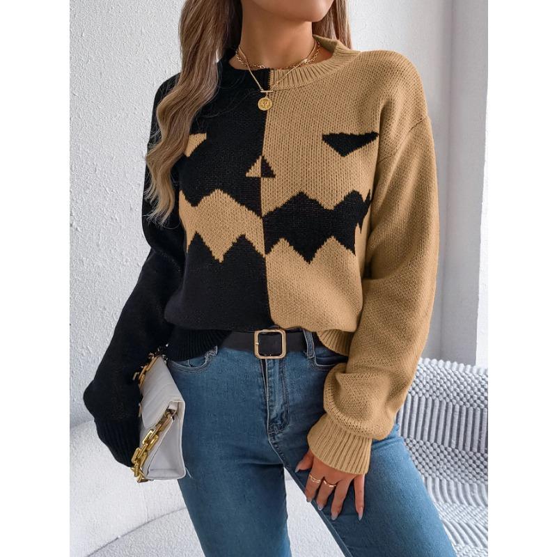 Autumn and Winter Women Halloween Pumpkin Contrast Color Knitted Long Sleeve Loose Sweater