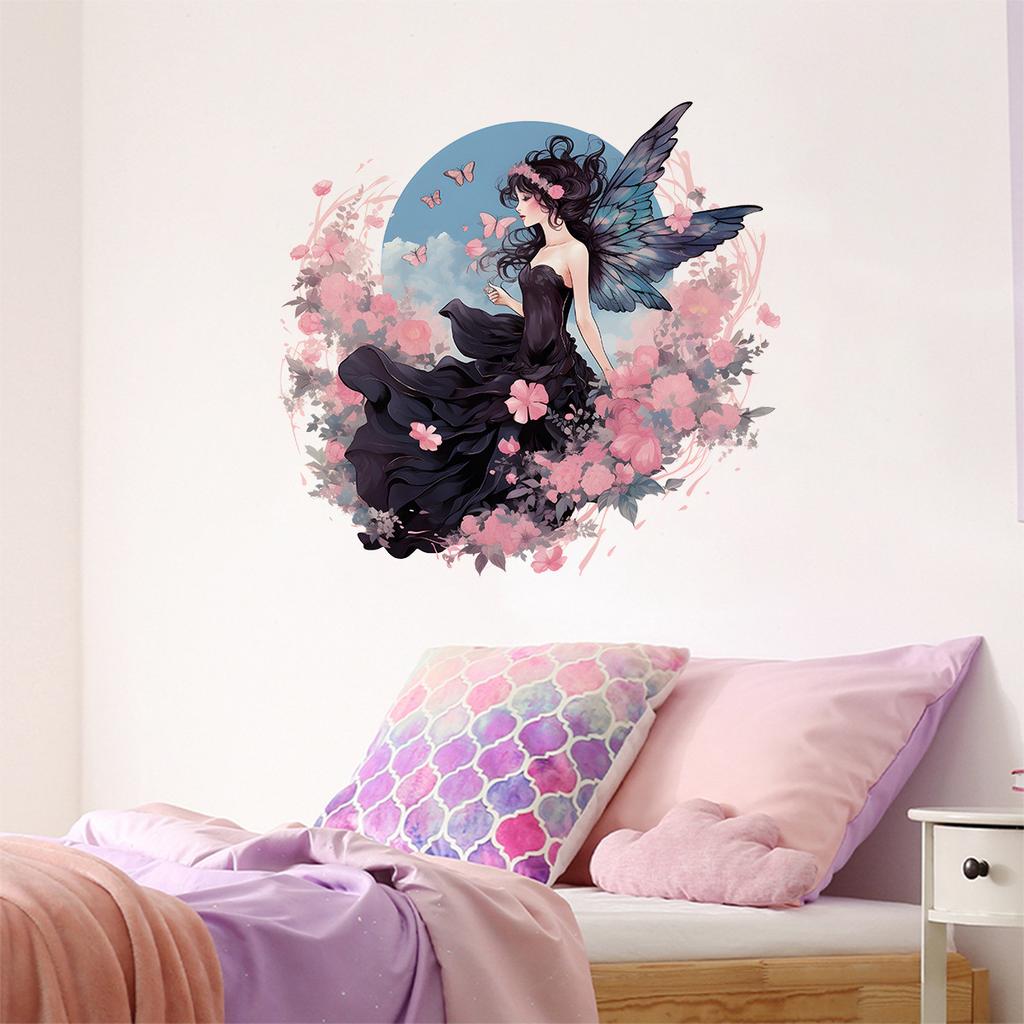 Cute Cartoon Fairy Girl with Flowers Butterflies Wall Sticker for Girls Room Dorm Decoration Friends Bedroom Decor