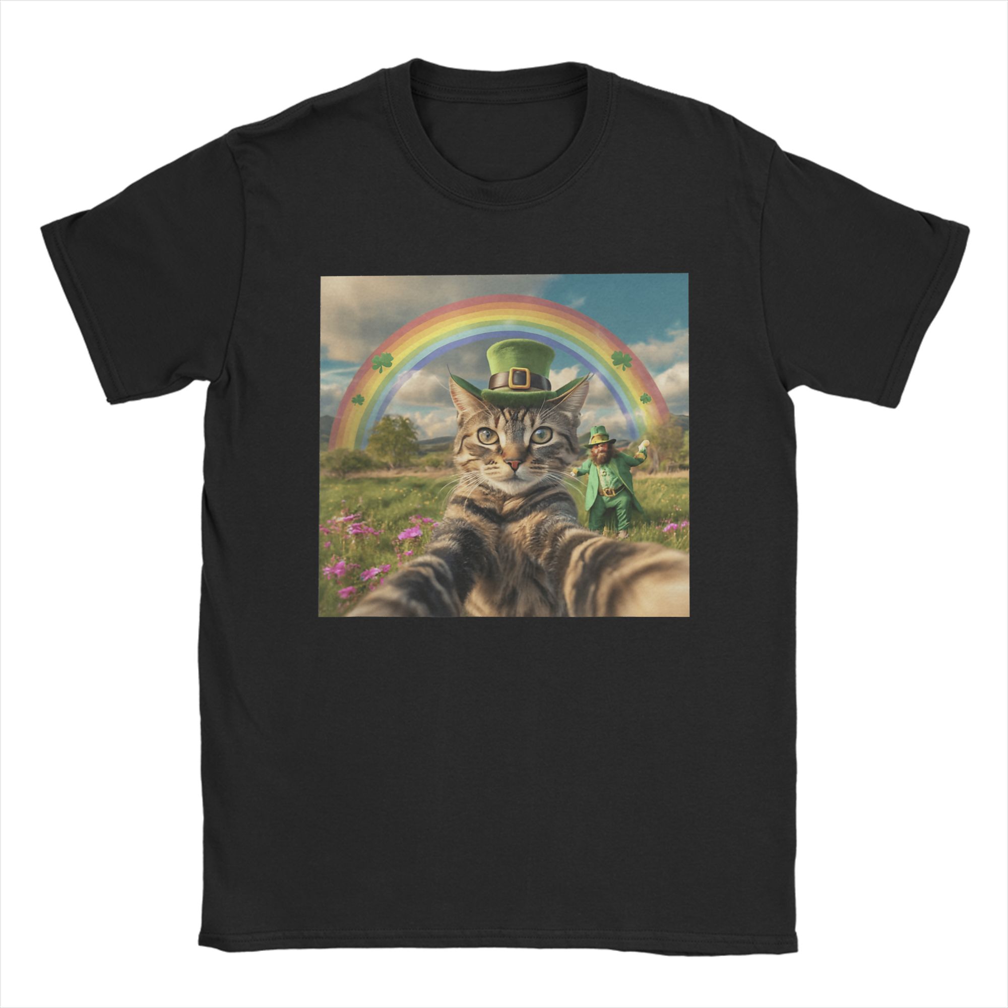 

St Patricks Day Cat Selfie with Leprechaun Funny Photo T Shirt Beach Cotton T Shirts For Unisex Harajuku Casual Tee Shirt S