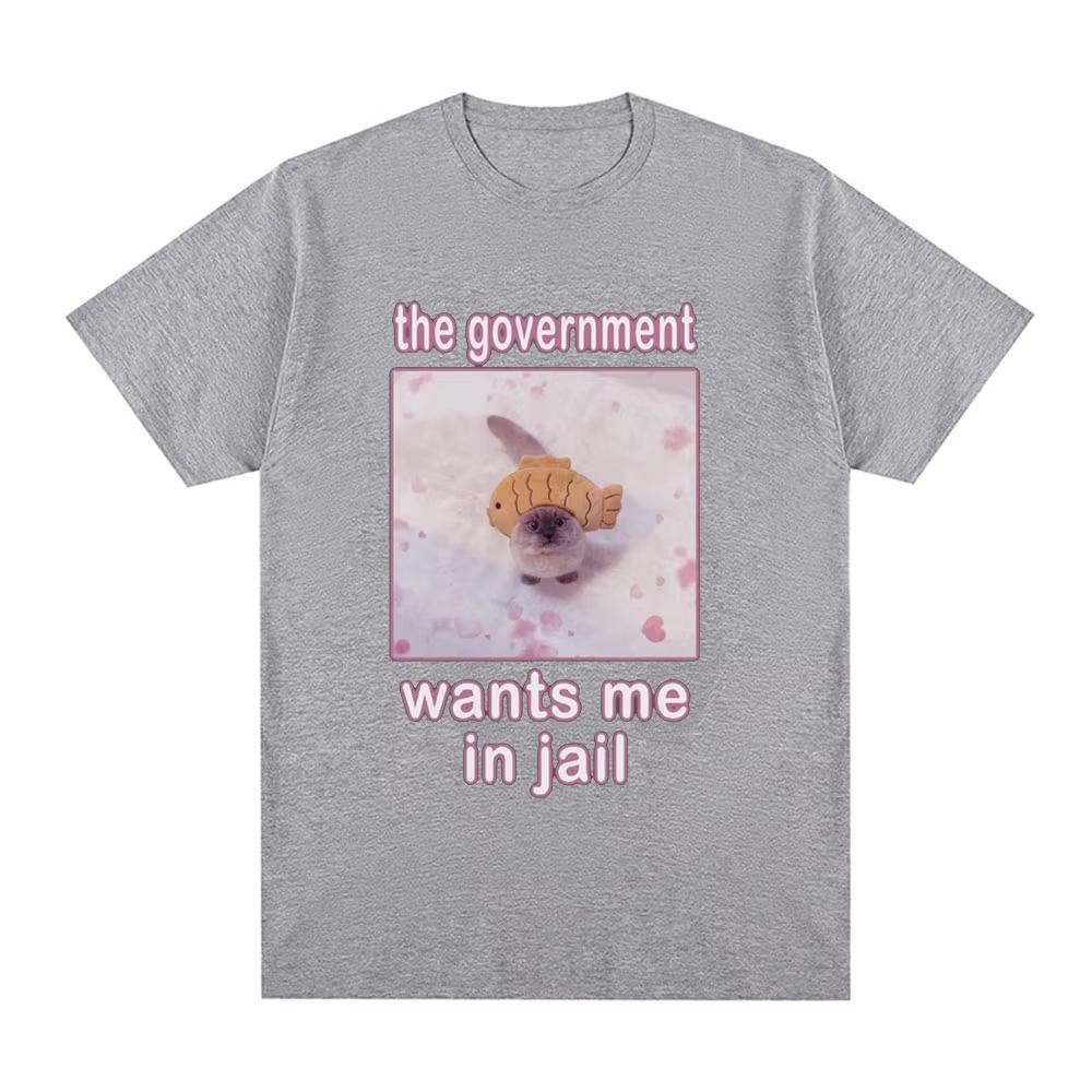 The Government Wants Me in Jail Funnt Cat Meme T Shirts Mens Women Fashion Harajuku Tshirt Cotton Casual Short Sleeve Tshirts
