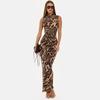 Women's Leopard Print Corset Maxi Dress Spring Summer High Neck Sleeveless Boned Waist Slim Fit Drawstring 2 Piece Set Sexy Party Dress