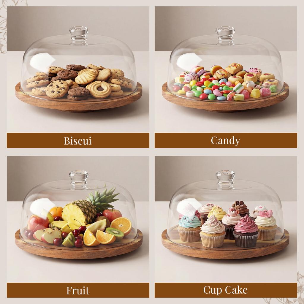 12 In Wood Cake Stand With Acrylic Dome Lid Rotating Cake Plate With Cover Wooden Cake Display Stand For Baking Kitchen Utensils