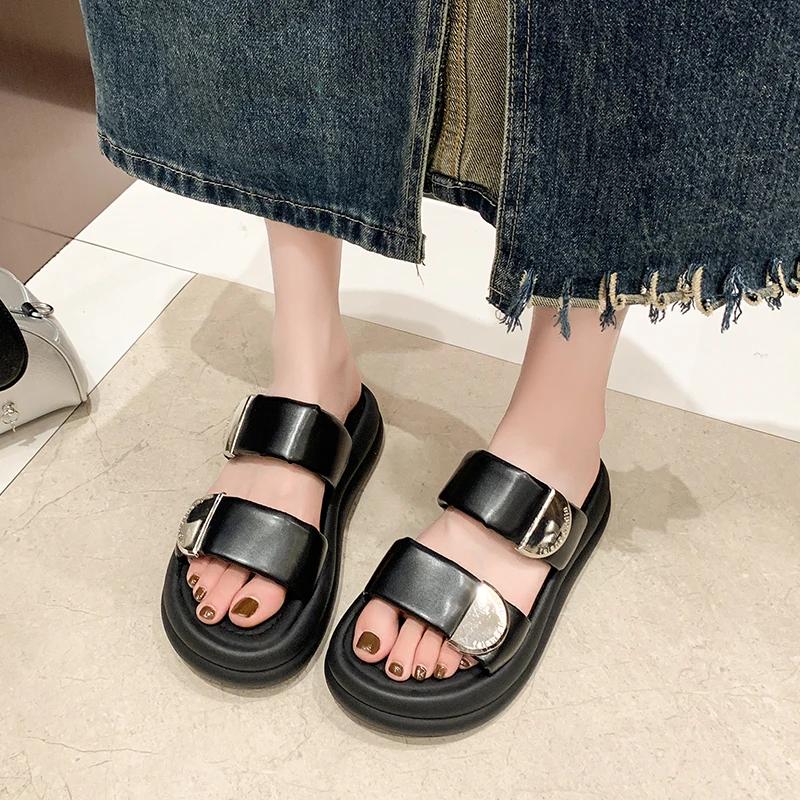 fashion Ladies Shoes on Sale 2024 High Quality Open Toe Women's Slippers Summer Metal Decoration Solid Platform Casual Slippers Zapatos