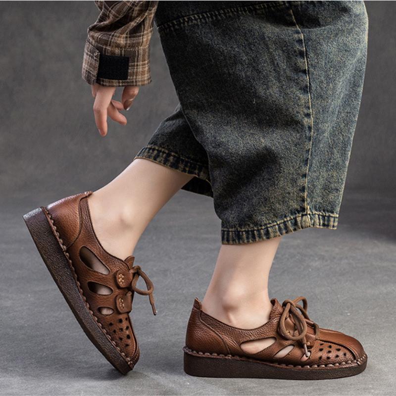 Johnature Hohle Sandalen aus echtem Leder, bequem, lässig, atmungsaktiv, vielseitig, flache Damenschuhe