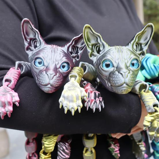 Kloubová bezsrstá kočka 3D tištěná figurka kočky Sphynx Flexibilní kočka Úleva od stresu Stolní mazlíček Fidget hračka Domácí kancelářská dekorace pro milovníka a sběratele koček