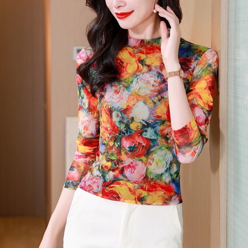 T-shirt in rete a stampa floreale da donna autunnale elasticizzata slim fit top manica lunga maglione