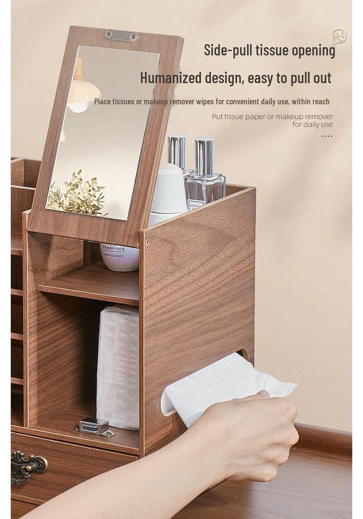 Large Wooden Cosmetic Storage Box with Mirror: Multifunctional Skincare and Lipstick Holder
