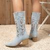 Women Embroidered Denim Western Boots Height Increasing Square Heel Mid-calf Boots for Office Nightclub Evening Party Banquet