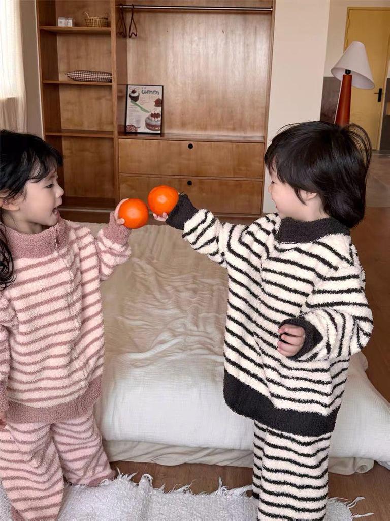 Kids' Coral Fleece Pajamas: Striped Zipper Parent-Child Set for Autumn and Winter