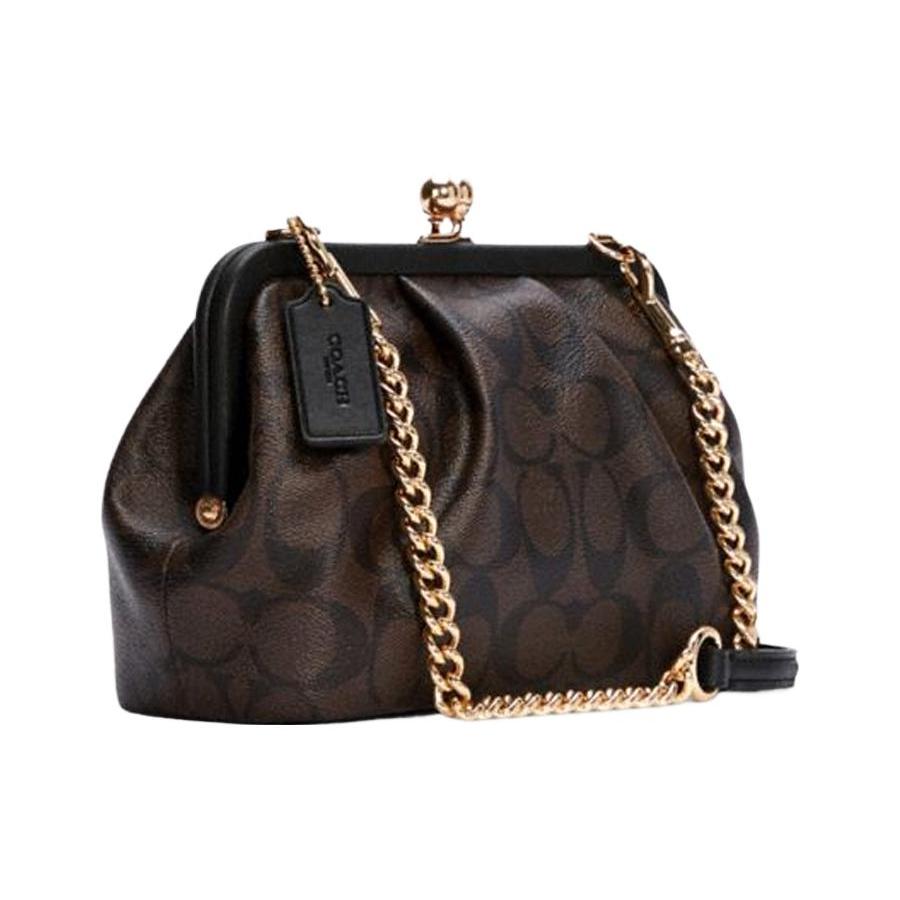 New COACH Kisslock Canvas With Leather Cloud Bag, Chain Bag, Shoulder Bag, Crossbody Bag Women's Dark Brown Monogram C2876-IMAA8