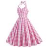 Women’s Mid-length Vintage-style Dress with a Flared Skirt, Pink Checked Pattern, Fitted Waist and Halter Neck