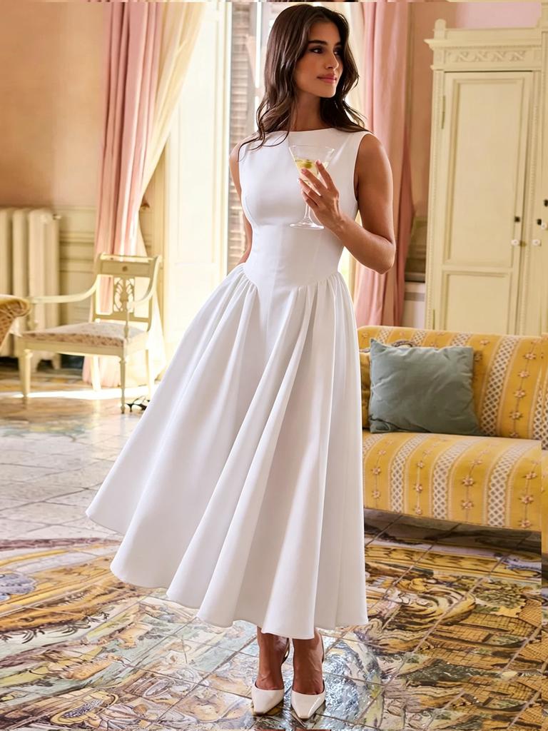 Europäisches und amerikanisches Damenkleid sexy Netz weiß Rundhalsausschnitt Hochzeitsbankett Partykleid