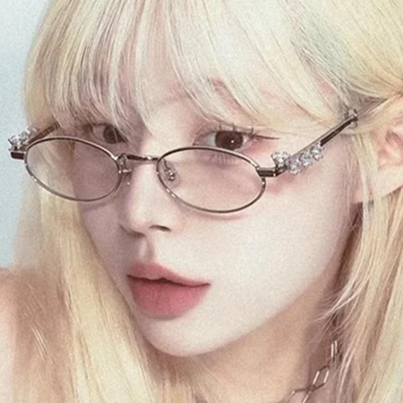 Oval Shades Rhinestone New Sunglasses Bling Eyeglasses Frames Clear Lens Small Round Women Men Metal Retro Diamond Frame Eyewear