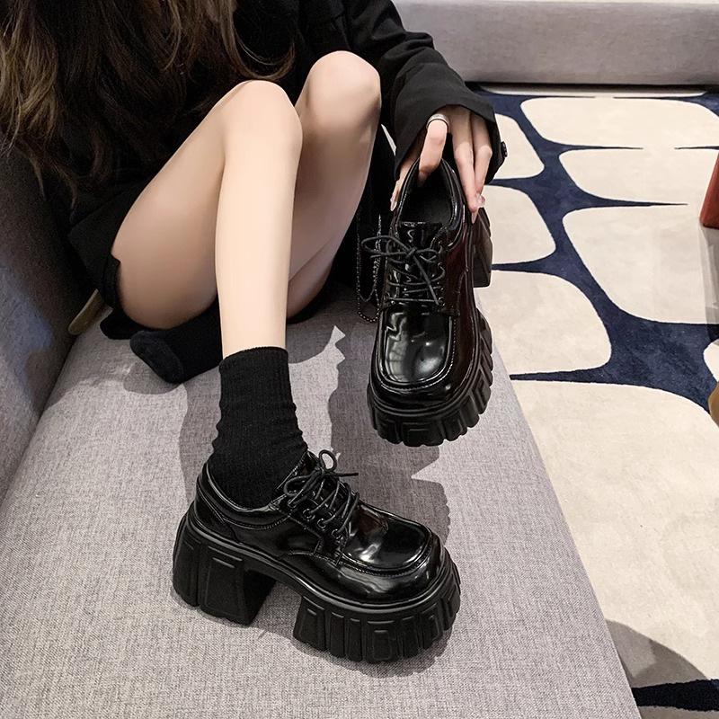 Super Thick-soled Heeled Lace-up Single Shoes Women's Spring and Autumn Muffin Round Head Shoes Small Leather Shoes