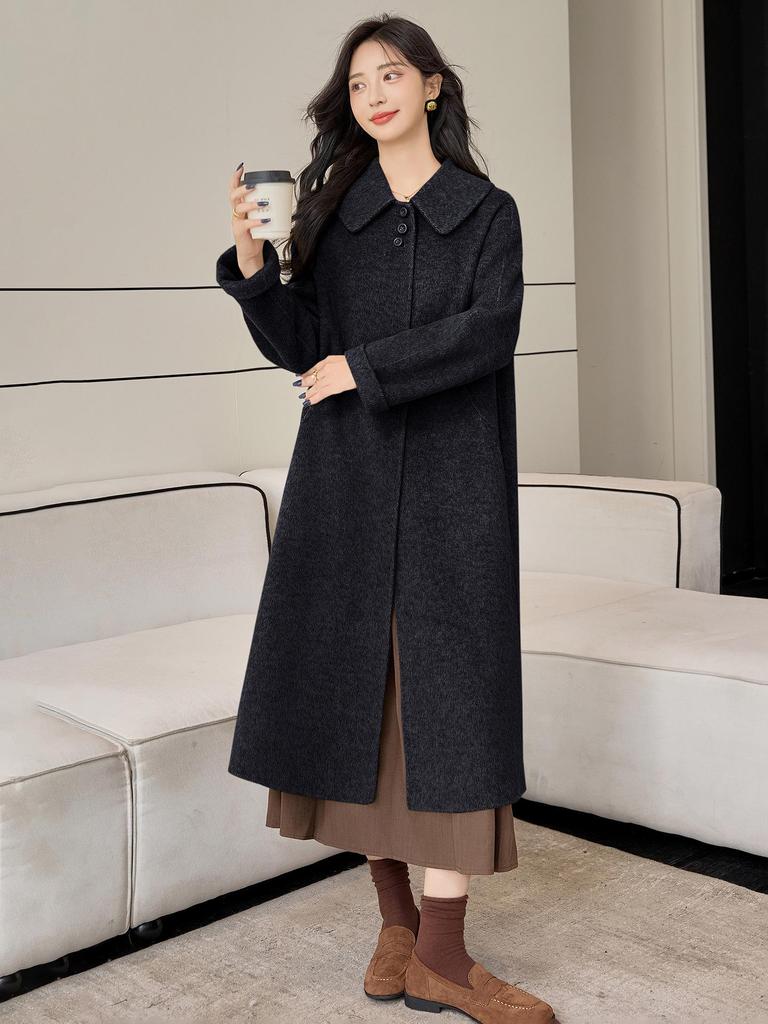2025 Autumn/Winter Korean A-Line Cashmere Wool Overcoat with Doll Collar - Loose, Plus Size Fashion.