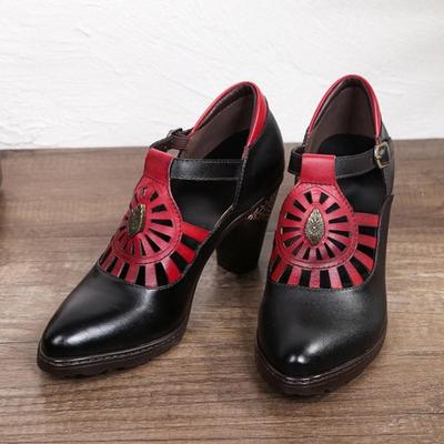 Echtes Leder Ausgehöhlte Dicker Absatz Spitze High Heels Retro Pumps Handbemalte Flache Damenschuhe