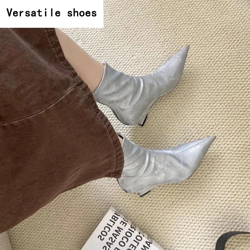 Zimní dámské strečové moderní boty módní špičaté kotníkové boty dámské elegantní nízké podpatky boty pro ženy