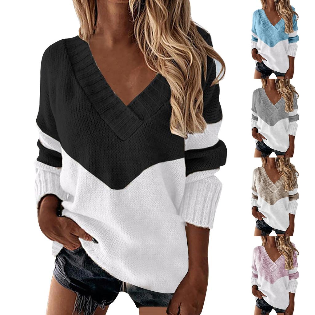 Women's Fashion Casual Solid Patchwork Color V-Neck Long-sleeved Sweater Pullover Tops