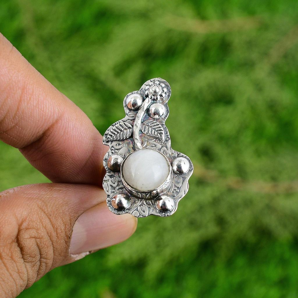 Mothers day Deal Rainbow Moonstone Gemstone Bezel Flower Ring Sterling Silver