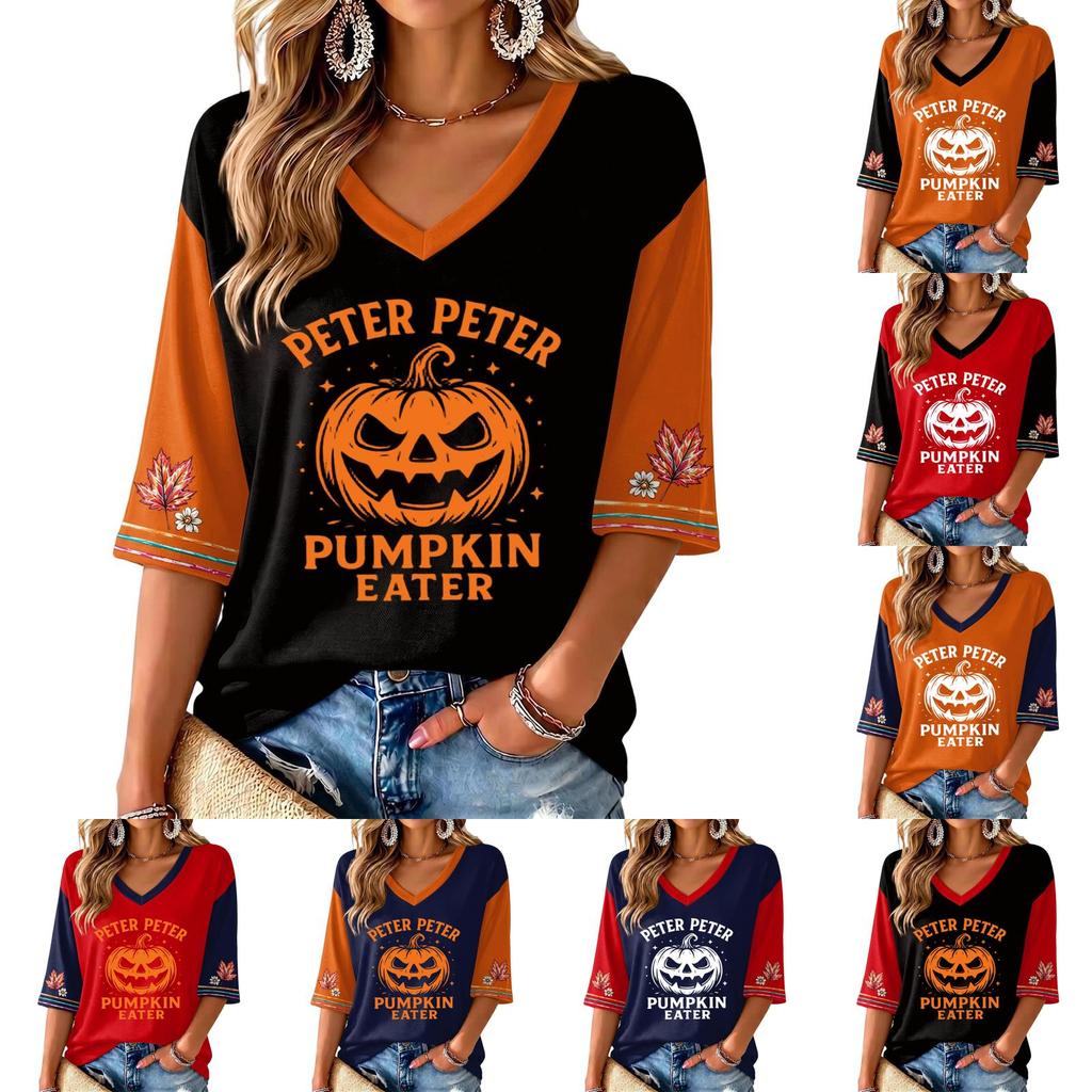 Women's V Neck Casual Three-Quarter Sleeve Halloween Print Blouse