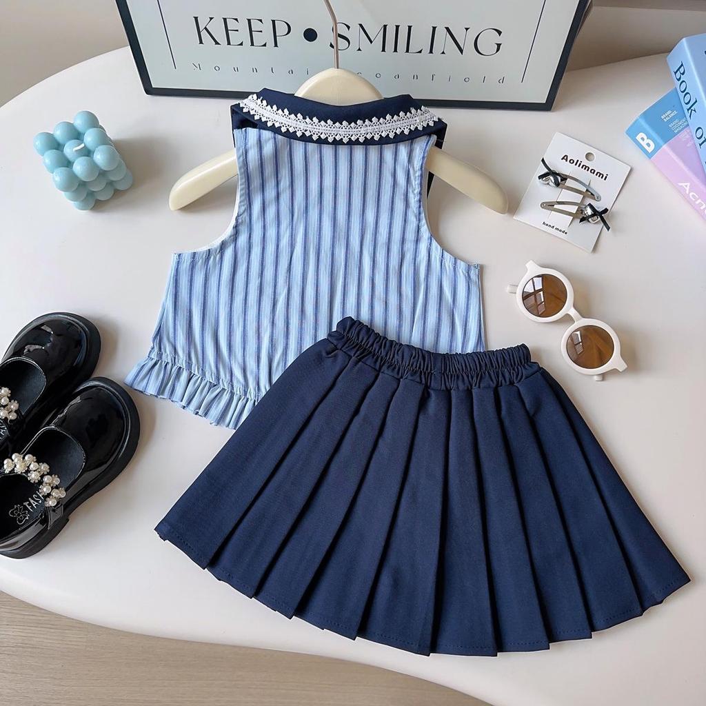 Girls' Cute Sleeveless Lace Top and Pleated Skirt Set - Summer Fashion