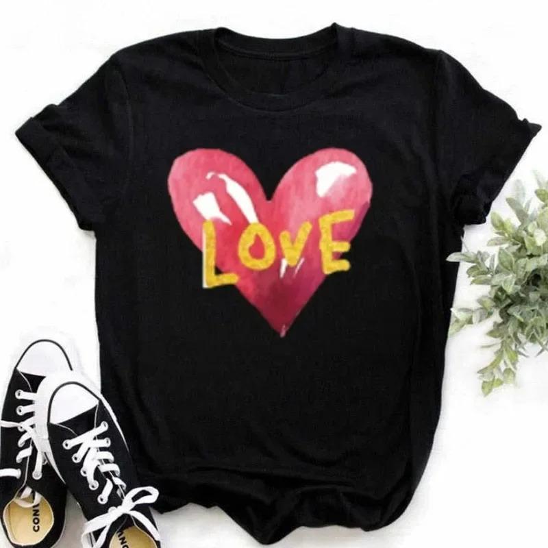T-shirt Femme Imprimé Cœur Papillon Coloré Plume Rose Haut Décontracté Manches Courtes Pour Passionnés de Mode
