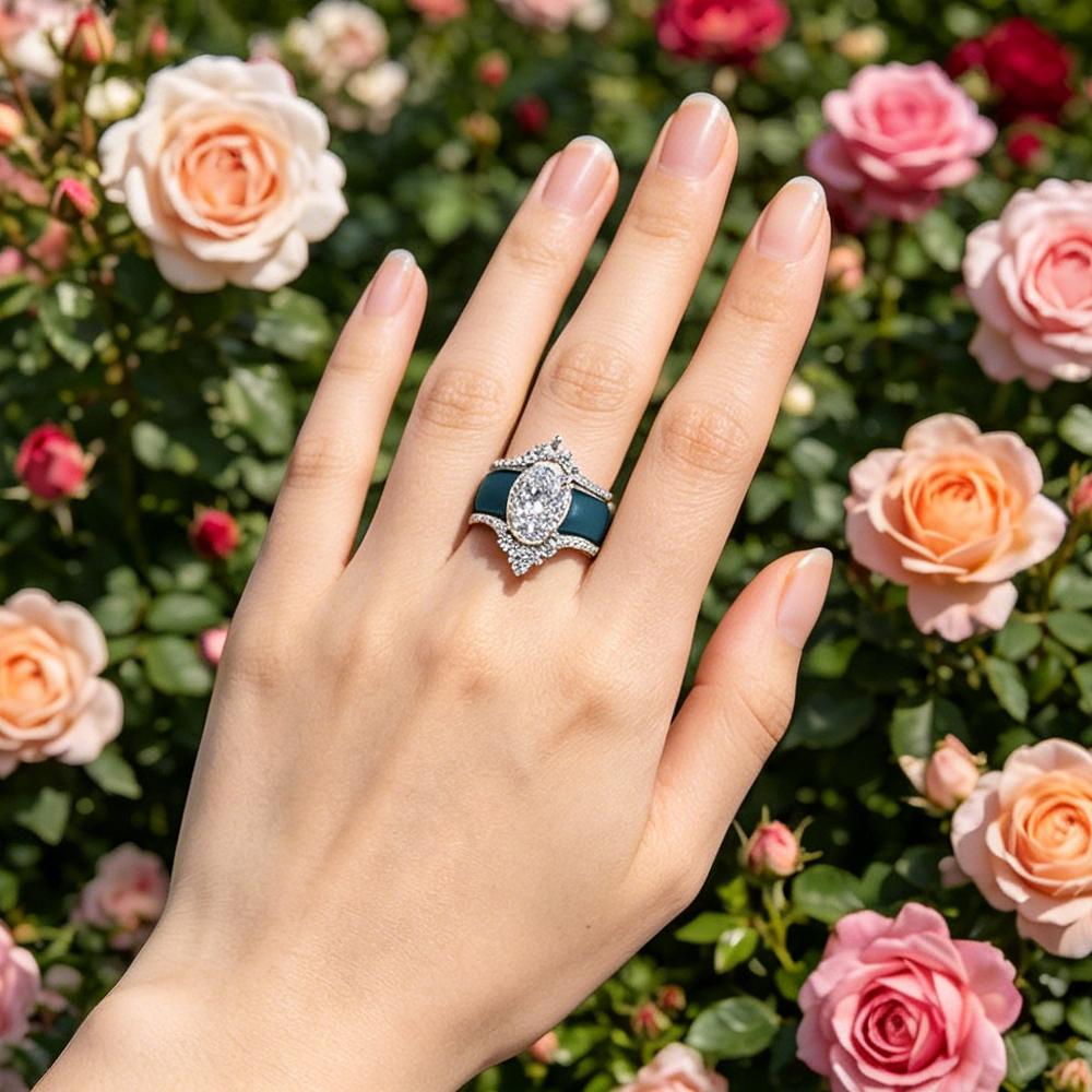 Teal/Blue Silicone Crown Wedding Ring Set S Oval Cut CZ Stackable Engagement Rings for Women Bridal Promise Jewelry Gift