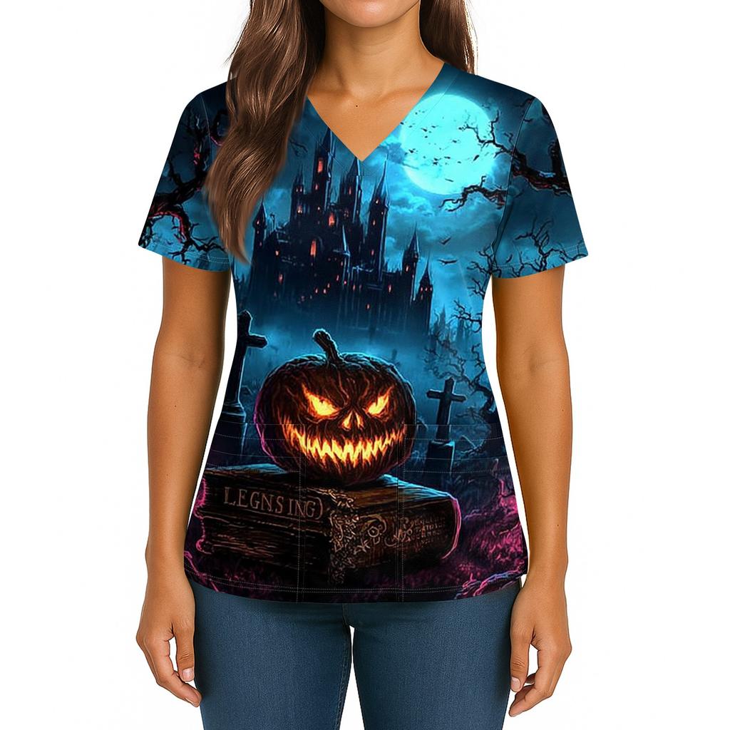 Dámský halloweenský potištěný top s výstřihem do V, dvojitou kapsou, krátkým rukávem a rozparkem na lemu, uniforma pro pečovatelky