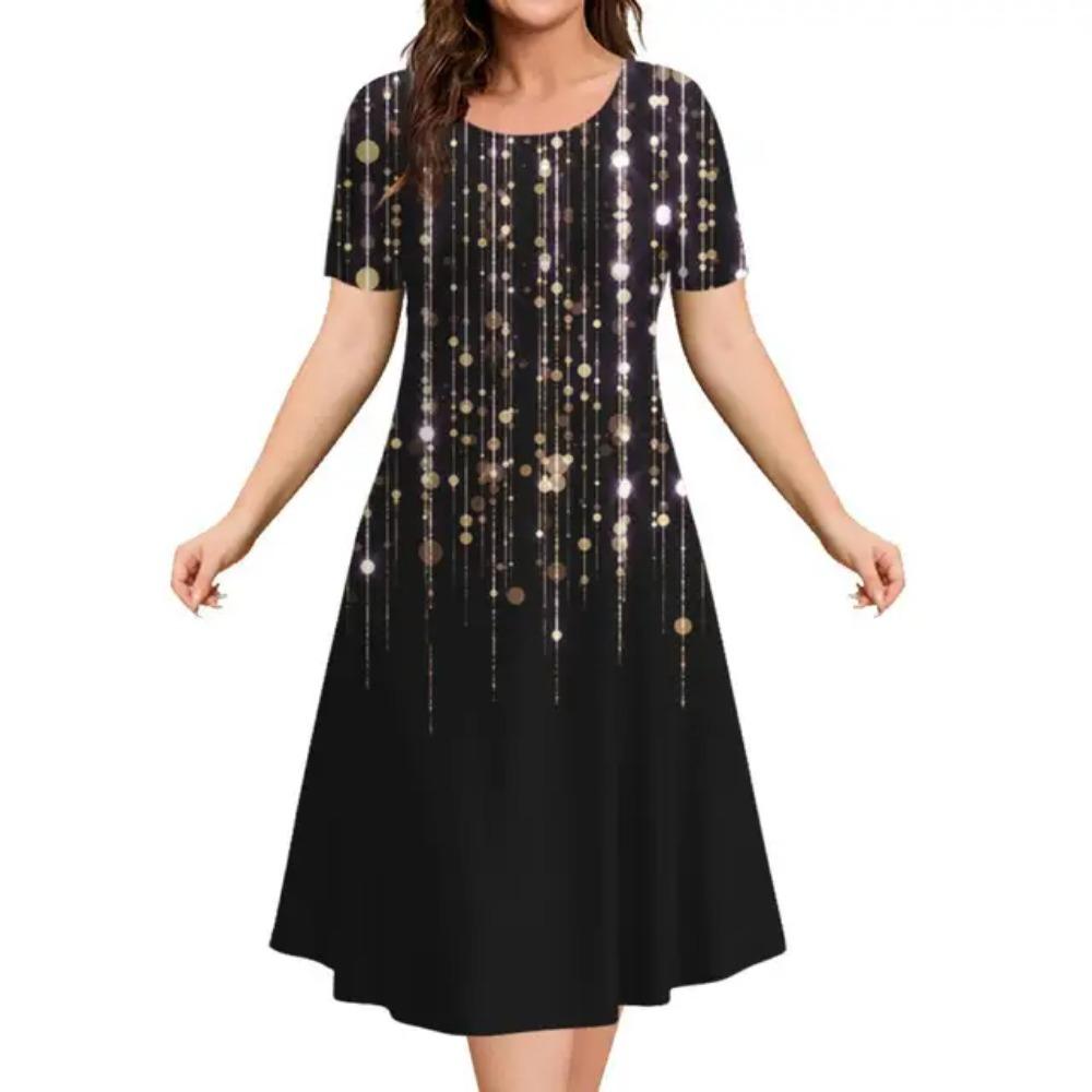 Fashionable and elegant women's dress short sleeved O-neck casual vacation party dress 3D printed A-line dress