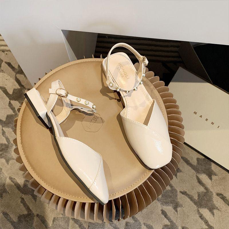 

Босоножки Баотоу женская юбка весна и лето новая жемчужная пряжка-перепонка Мэри Джейн на низком каблуке одинарная обувь 40 бежевый