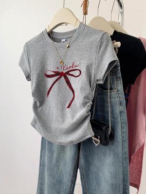 Square Shoulder Pleated Pure Cotton Sweet Spicy Waist-cinching Short Sleeve Slimming T-Shirt for Women