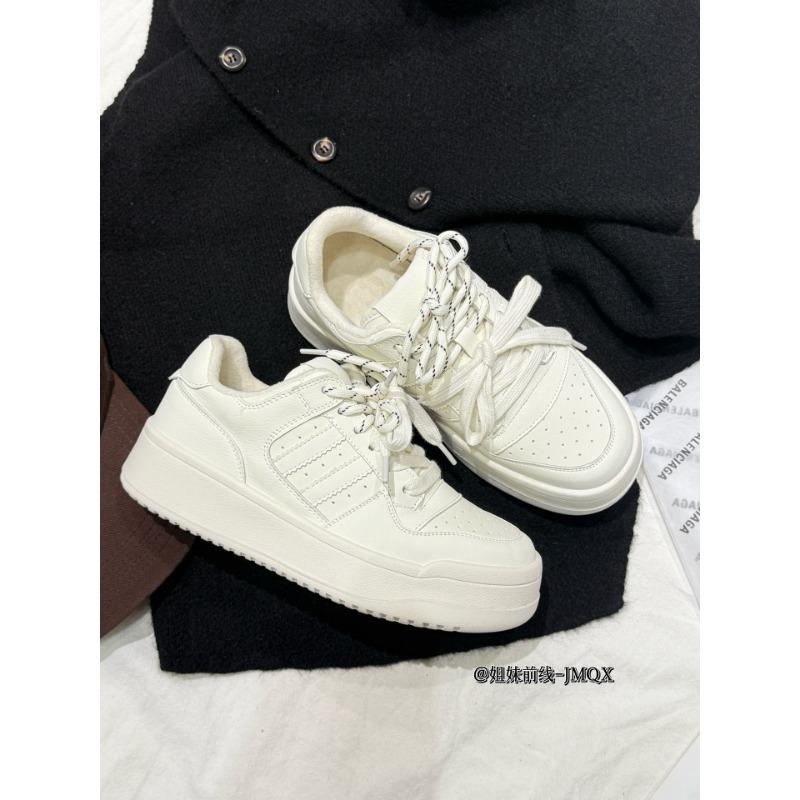 Retro classic sports shoes leather women's winter new velvet fashion versatile platform casual board shoes