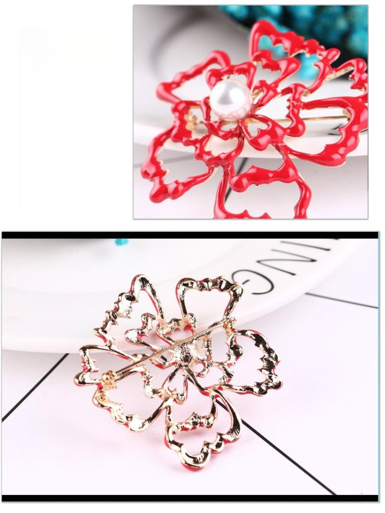 Chinese Style Retro Oil Drop Pearl Red Flower Brooch Brooch Corsage Temperament Pin Exquisite Hypoallergenic Luxury Enamel Brooch Long-Lasting Color