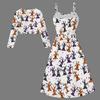 Women Plus Size Two Piece Set Long Sleeve Cropped Shrug Strappy Tie Waist Scarecrow Print White Long Dress