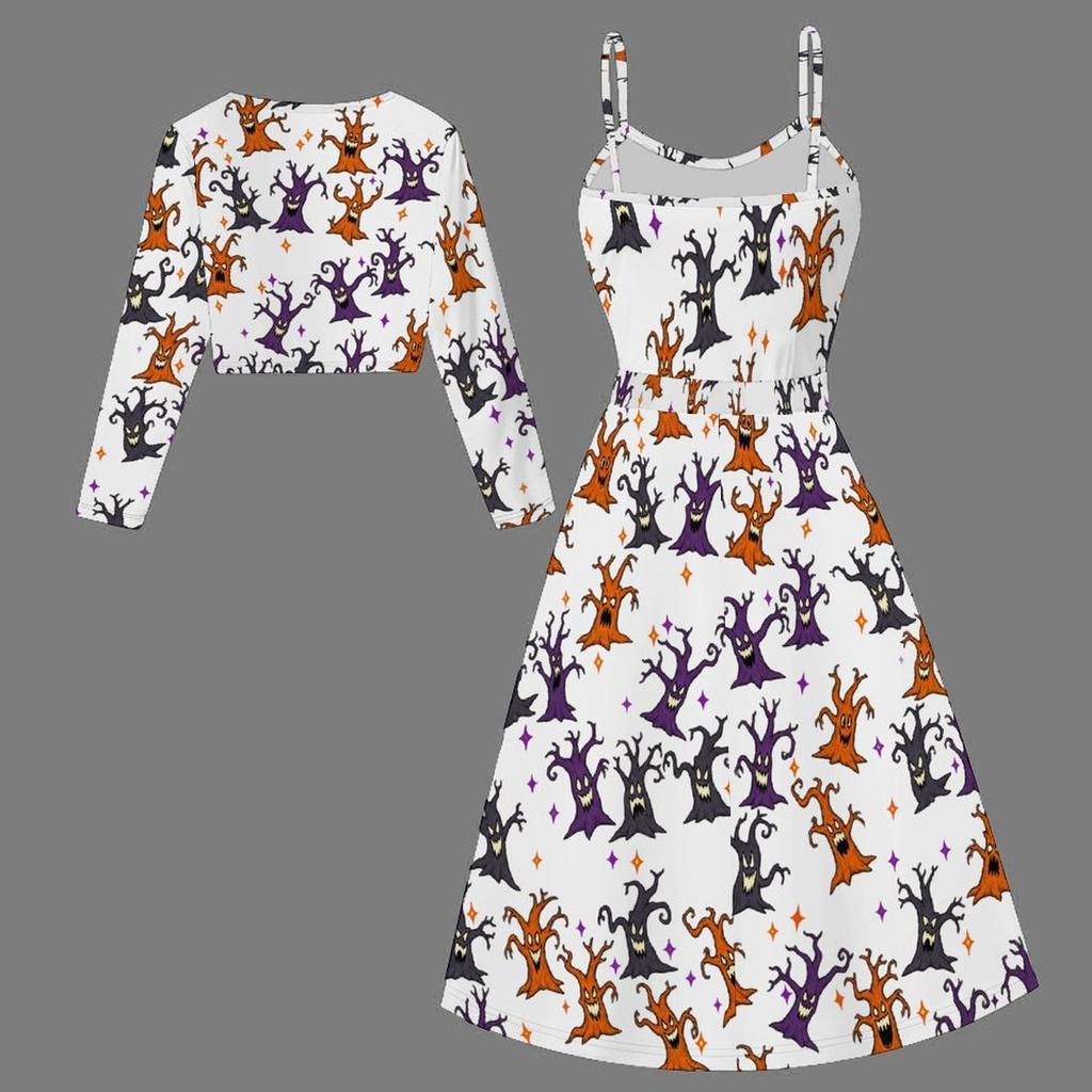 Women Plus Size Two Piece Set Long Sleeve Cropped Shrug Strappy Tie Waist Scarecrow Print White Long Dress
