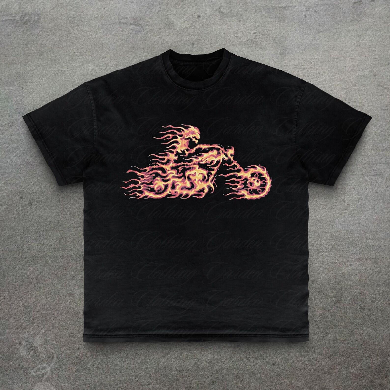 Y2k Biker Graphic Tee, Flaming Skull Biker T-Shirt for Men Women, 90s Vintage Style Fire Motorcycle Top, Edgy Streetwear Skull Rider Shirt L