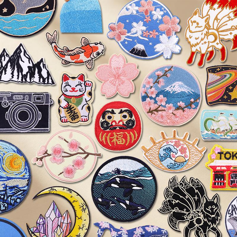 DIY Japanese Anime Cartoon Iron On Patches Cherry Blossoms Lucky Cat Mount Fuji Fusible Patch for Clothes Bag Jacket Decoration
