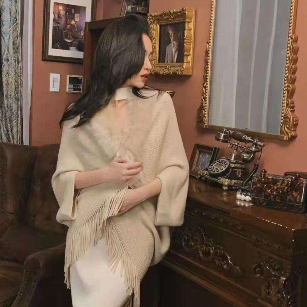 Winter Warm Faux Fur Collar Knitted Tassel Plush Wraps Scarf Womens Knitting Shawl