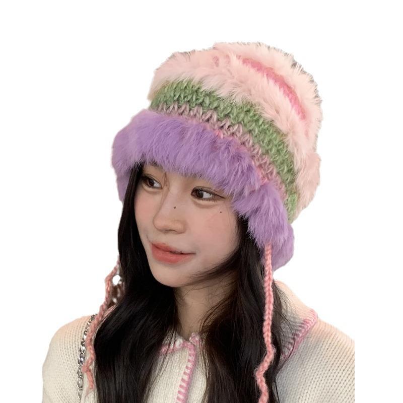 Autumn and winter dopamine stripes contrasting colors plush fisherman's hat children's warm ear protectors knitted hat versatile strap wool hat