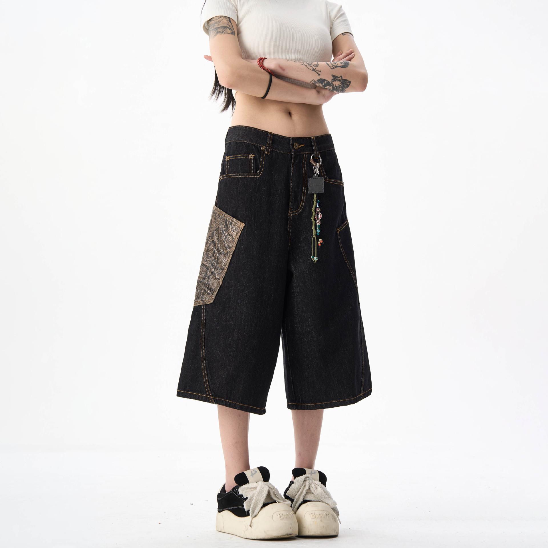 

Женские джинсы американского ретро с широкими штанинами под змеиную кожу - Летний повседневный укороченный дизайн M чёрный