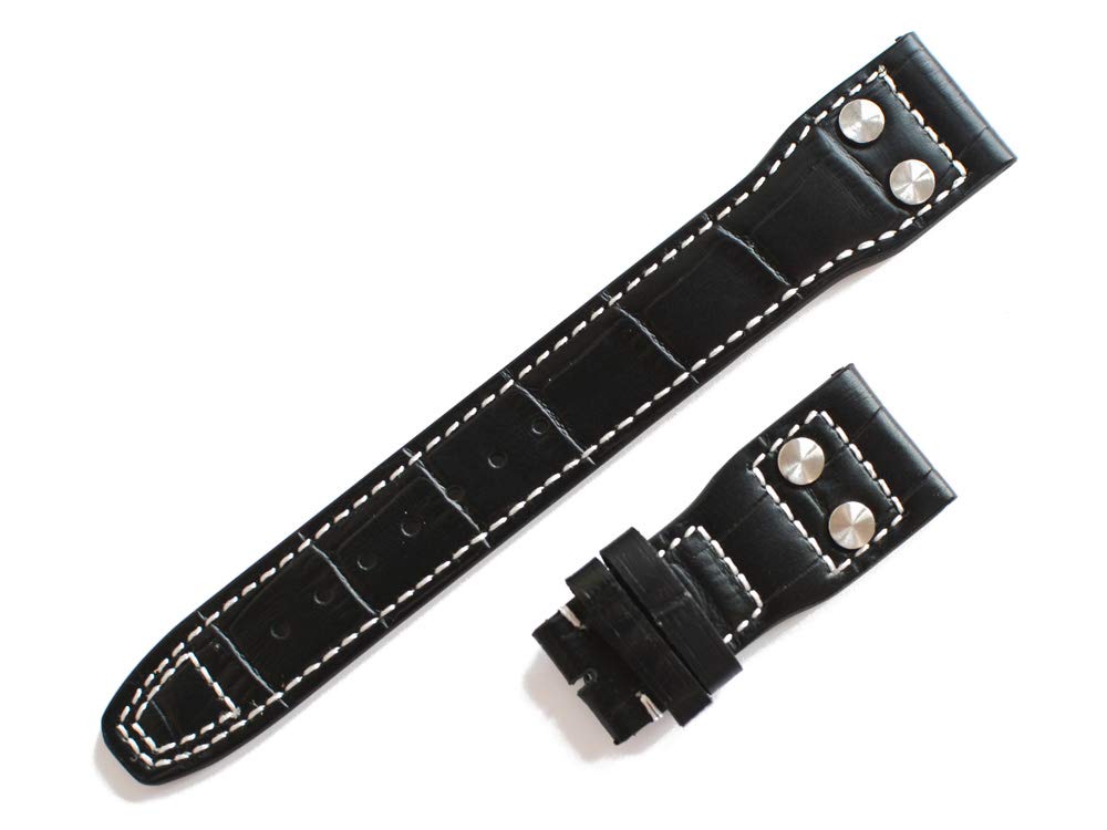 

[Import King Original] Watch Parts Compatible with IWC Pilot Watch D-Buckle Strap, Embossed Crocodile Leather, Spitfire, Top Gun, Black, 20/18 mm