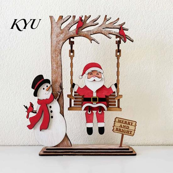 Indoor Christmas Party Decoration 3D Wooden Santa Swing Tabletop Decor, Snowman Ornament, Stable Table Ornament Farmhouse Xmas Shelf Mantel