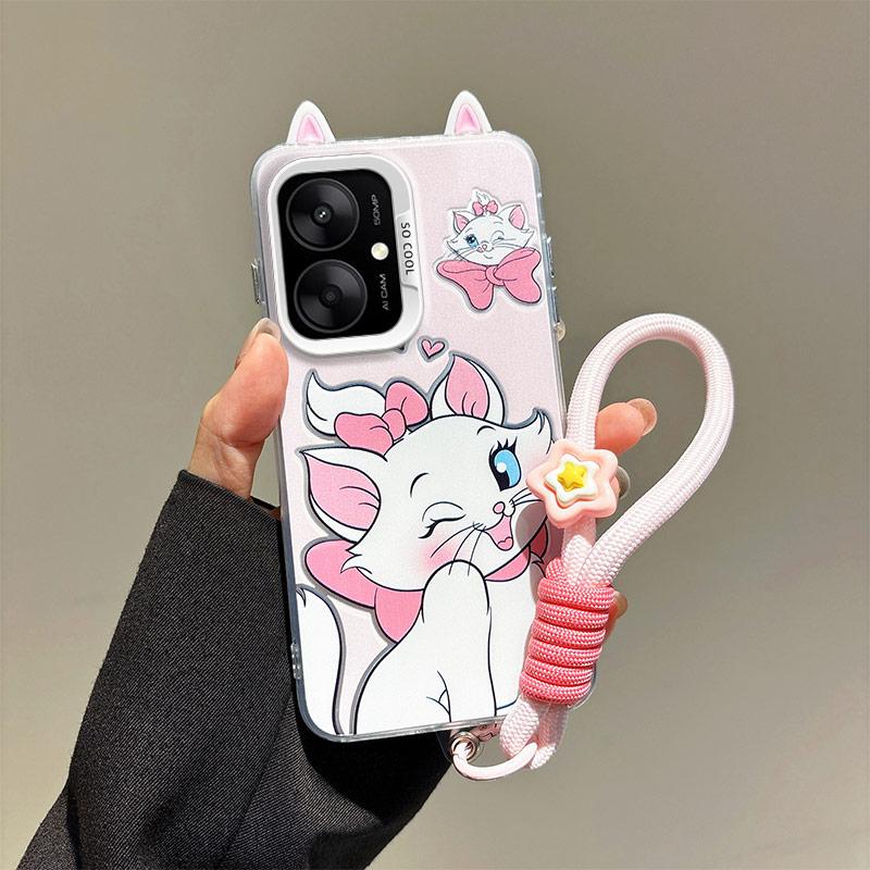 KEYSION Urocze etui z uszami i kreskówką dla Redmi 13C 4G 5G ze smyczą Miękkie silikonowe+PC Odporne na wstrząsy etui na telefon dla Xiaomi POCO C65