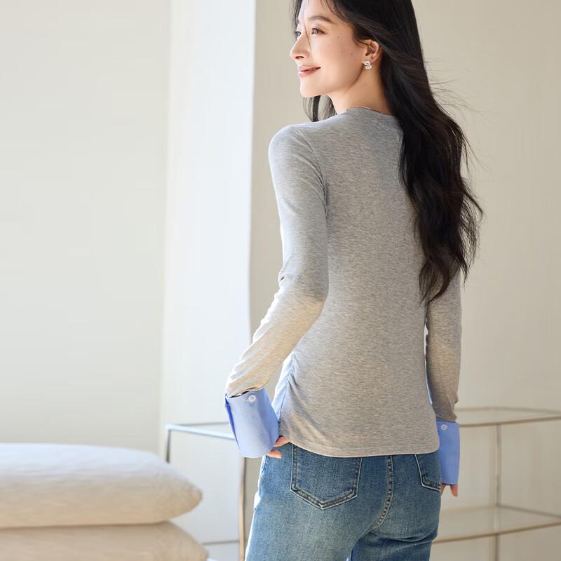 VICTORIA&VERA Women's Spliced Sleeve Round Neck Base Layer Top