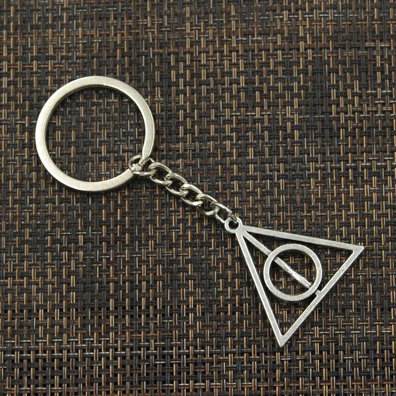 Fashion 30mm Key Ring Metal Key Chain Keychain Jewelry Antique Bronze Silver Color Plated Deathly Hallows 32x31mm Pendant
