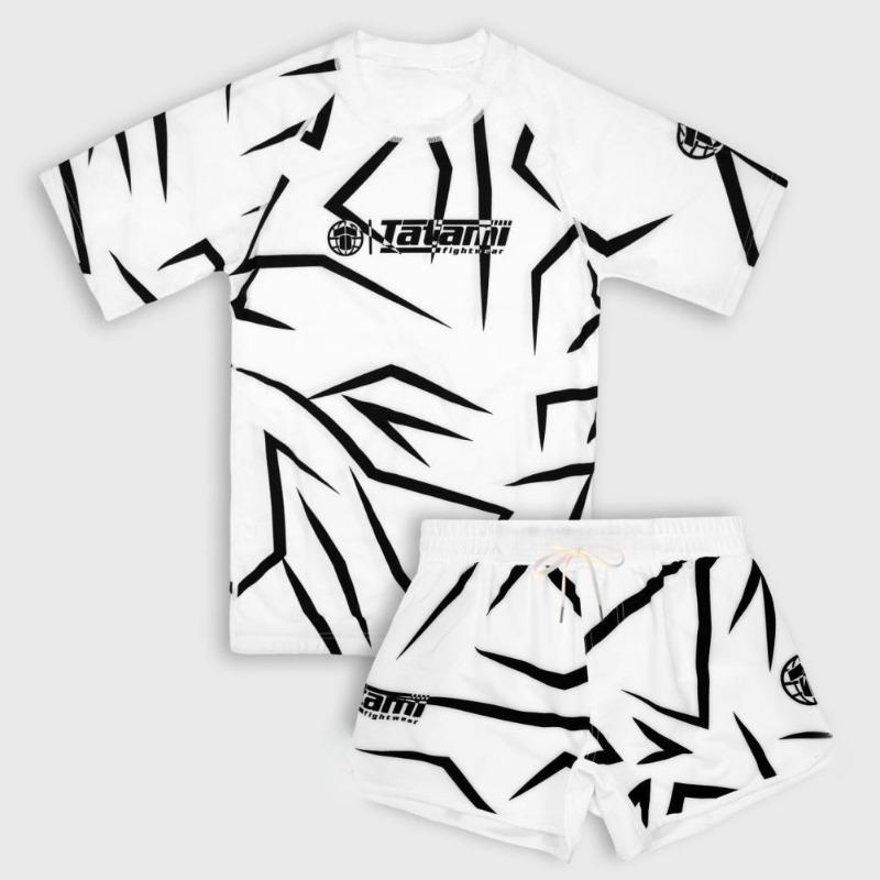 26 Neues MMA Sportset Herren Schwarz Weiß Grafik Rash Guard T-Shirts & Shorts Sets Schnelltrocknend Kampftraining Anzug Erwachsene Kinder
