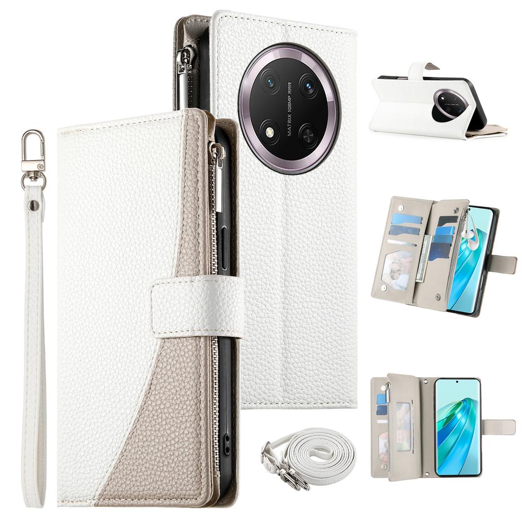 For Honor X9c 5G Case Zipper Wallet Color Splicing Leather Flip Phone Cover with Straps