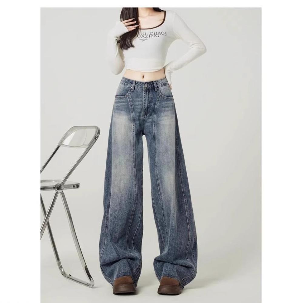 Women's High Waist Wide Leg Baggy Jeans Loose Fit Vintage Washed Patchwork Non Stretch Casual Long Denim Trousers